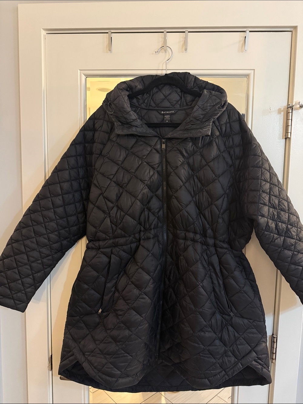 Athleta Black Quilted Hooded Puffer Coat with A-Line Shape